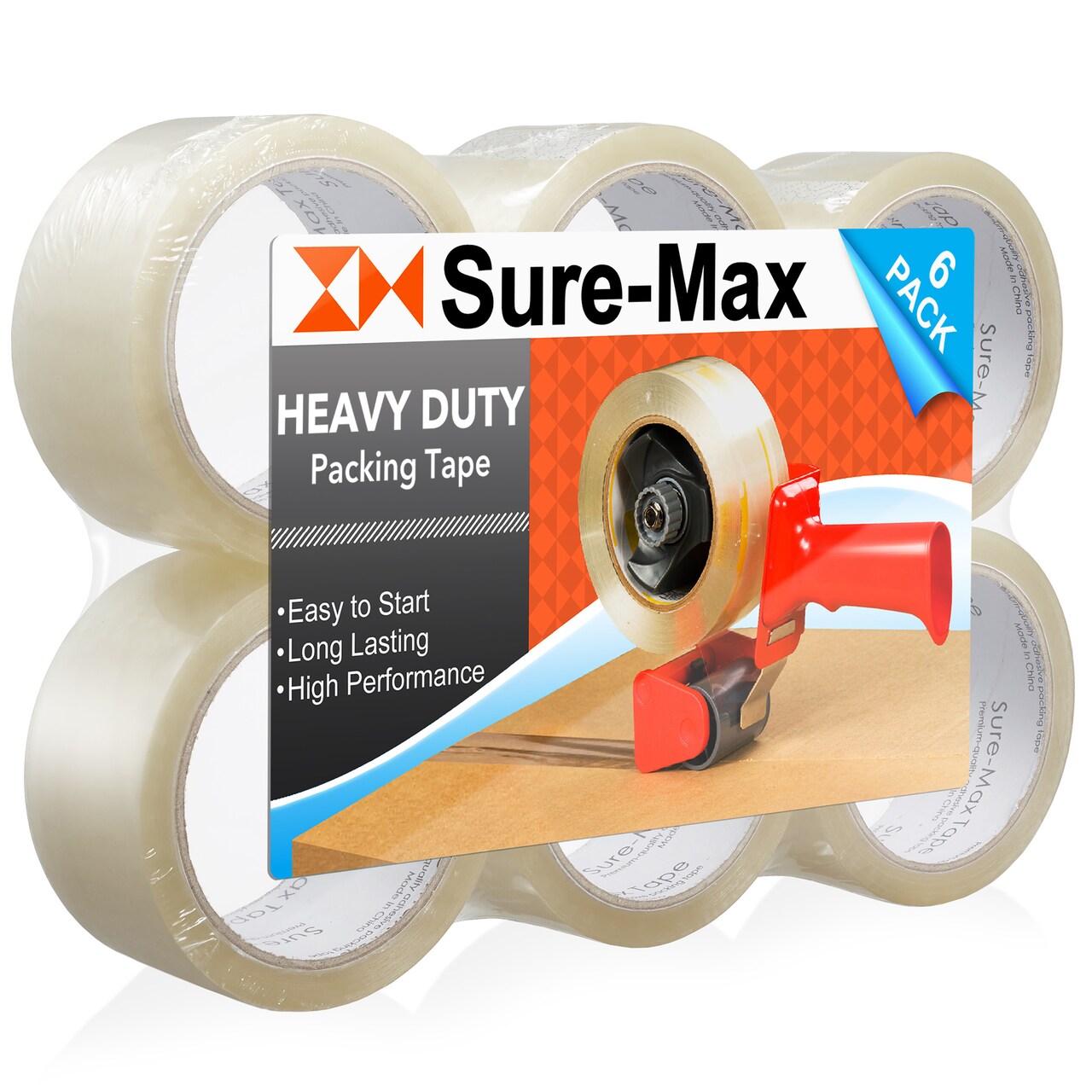 Sure-Max Heavy-Duty Shipping & Packing Tape (2" x 60 yard/360' each) - Moving & Adhesive Carton Sealing - 2.7mil Clear